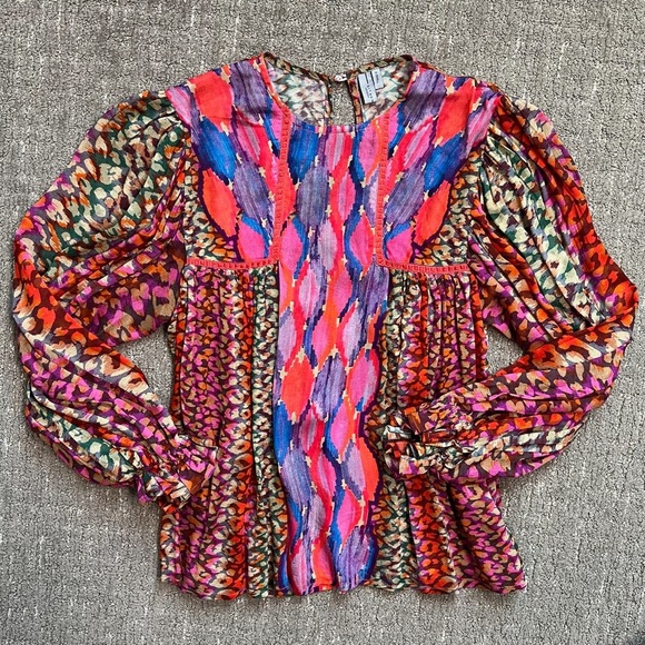 Anthropologie BI-nk Miranda Peasant Blouse Abstract Leopard Watercolor Size XS - Picture 2 of 10